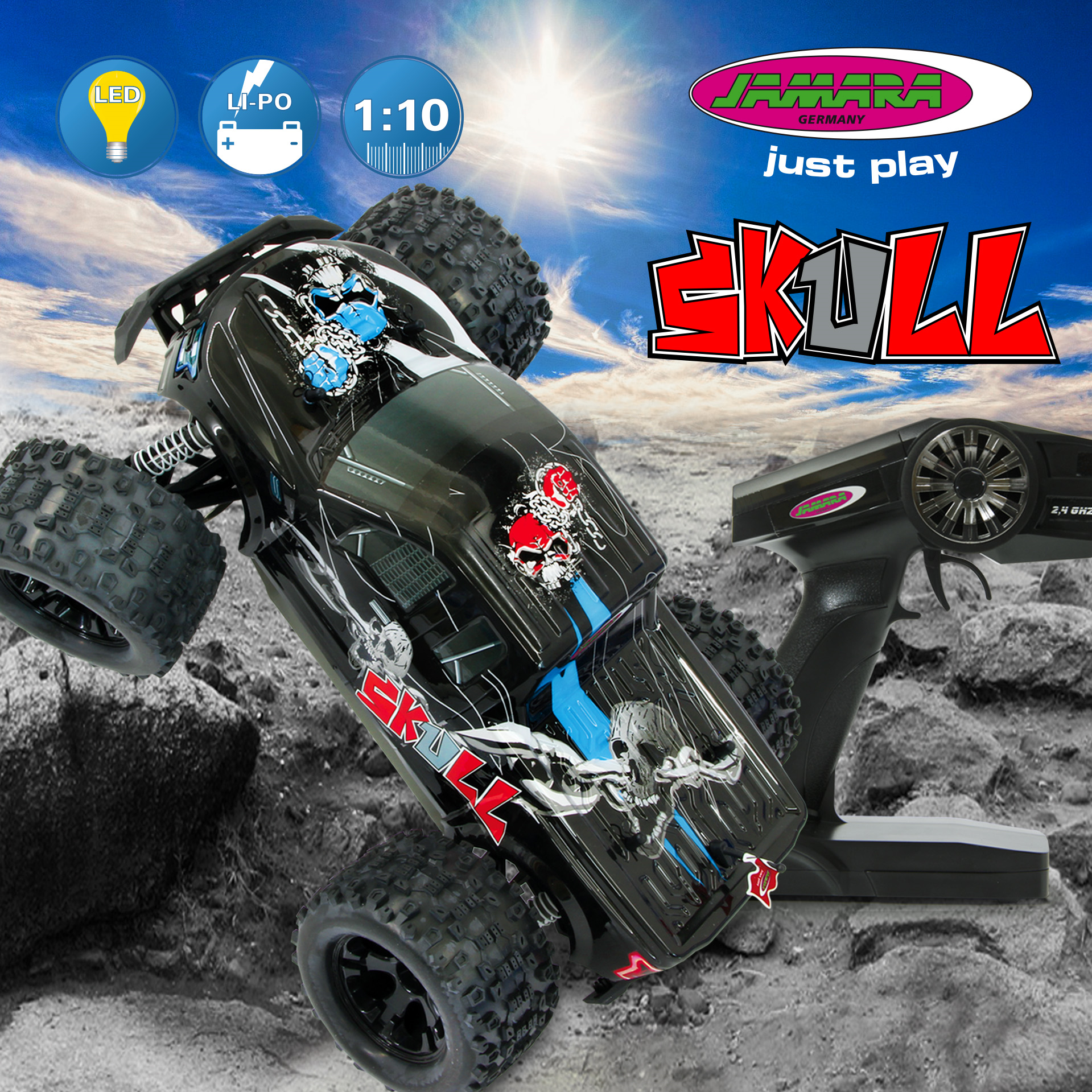 Mit Totenkopf und Ketten präsentiert sich der 1:10er Monstertruck Skull